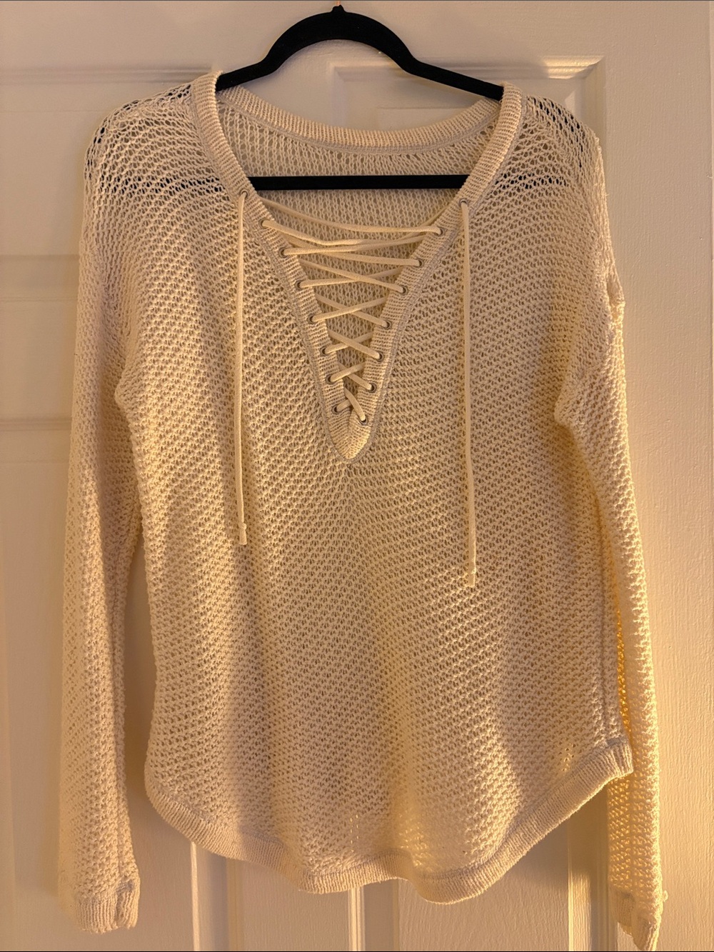 Urban Outfitters Cream Lace-Up V-Neck Knit Sweater